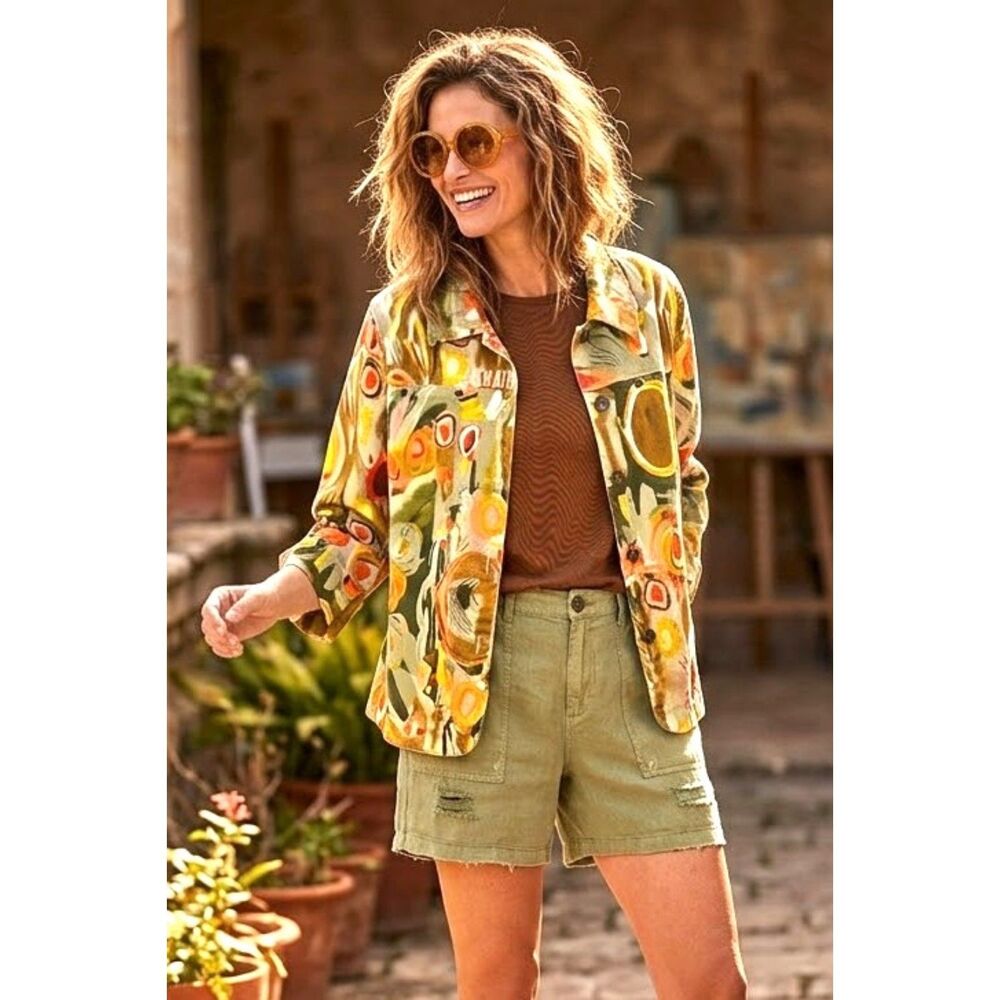 KakTus Art to Wear Jacket Cotton L 3/4 Sleeves Button Front Green Yellow